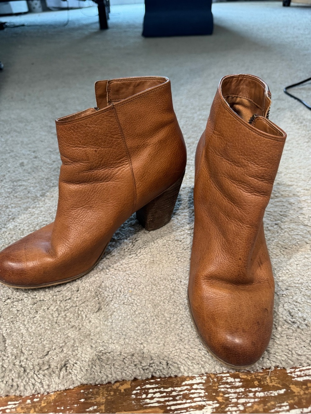 bp Cognac Brown Leather Ankle Booties with Stacked Heel